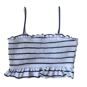 New Black & White Striped Smocked Bandeau Bikini Top w/ Adjustable Straps Size M